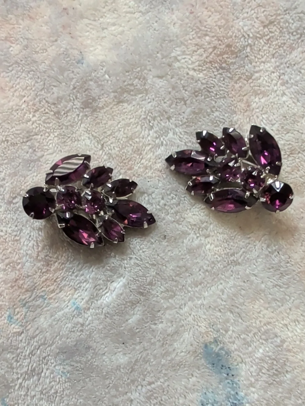 Vintage Purple Crystal Leaf Cluster Clip-On Earrings - Costume Jewelry Stamped
